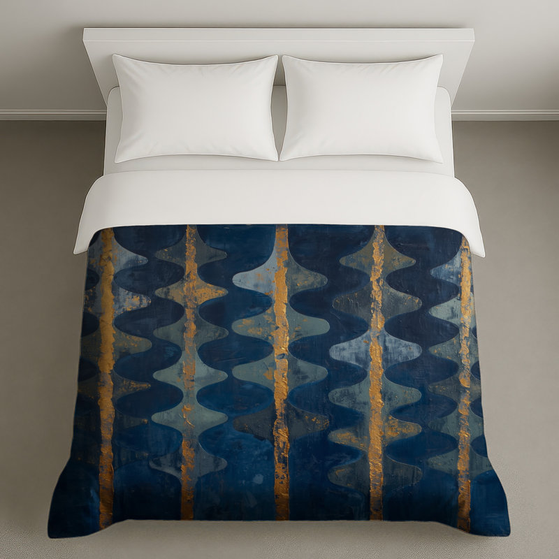 Blue Gold Curved Stripes Duvet Covers, King