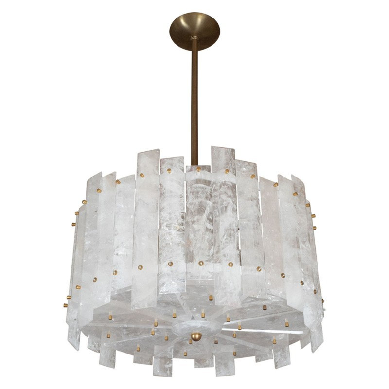 Lustre rond en cristal Light Rock, Laiton brossé, Cristal de roche, 18" Diameter x 22" Height