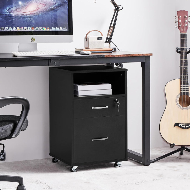 Vertical File Cabinet With 2 Drawers And Open Shelf, Lockable Wheels, Printer Stand For A4 Letter Size Files, Ideal For Home Office Use