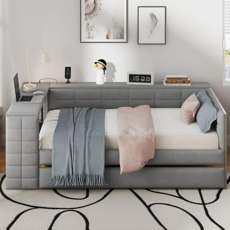 Gray Full Size Upholstered Bed With Storage Shelves, Desk, 2 Ports And Twin Trundle For Practical Bedroom Design Platform In Storage, Charging Upgrade