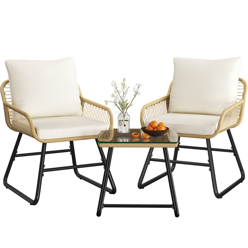 Ensemble bistro 3 pièces avec table basse Boho et 2 chaises avec coussins et coussins, Crème, crème