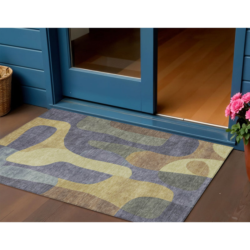 3' X 5' Purple And Gold Abstract Washable Indoor Outdoor Area Rug
