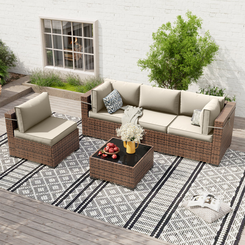 Dinyu Wicker 4 - Person Modular Patio Conversation Set with Cushions, Cream