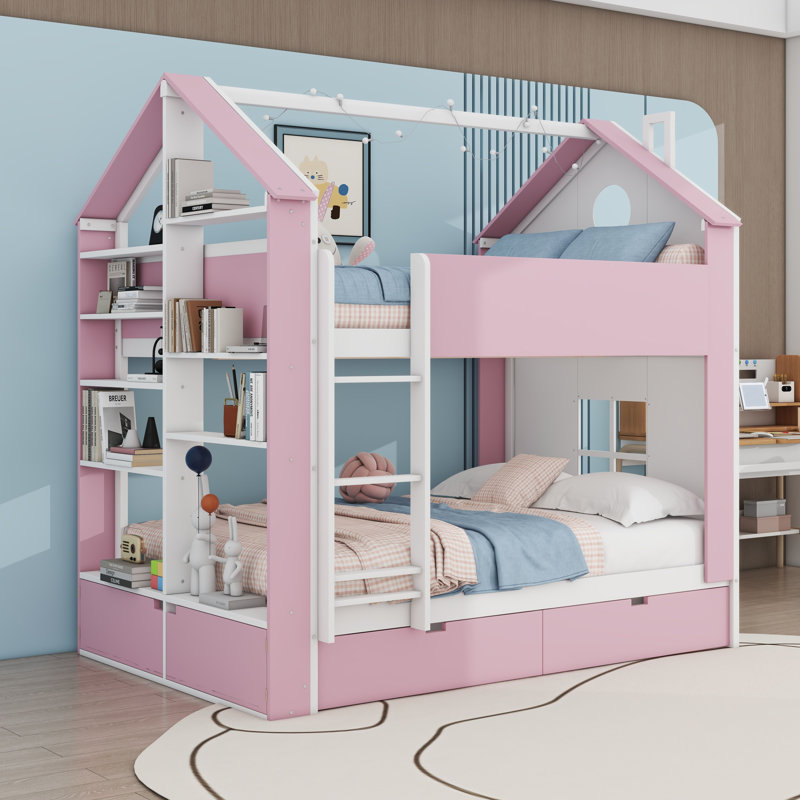 Lit superposé avec tiroirs de rangement, tablettes et bande lumineuse, Rose blanc