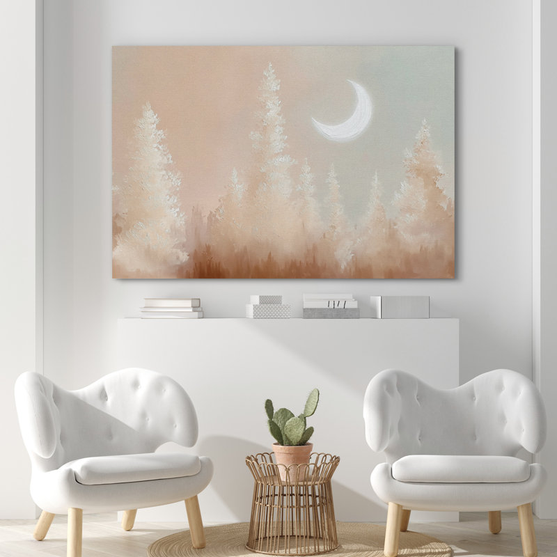«Pastel Toned Crescent Moon Forest Scene», reproduction d'art sur toile encadrée, H 12 po x l 18 po x P 1,5 po, Toile tendue