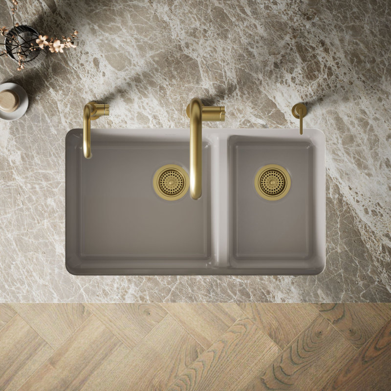 Riverby 33" x 22" x 9.625" Under-Mount Double-Equal Kitchen Sink with Accessories and 5 Oversized Faucet Holes, Truffle