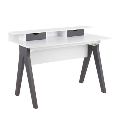 Bureau contemporain Wishbone en bois gris et blanc avec tablette surélevée et deux tiroirs