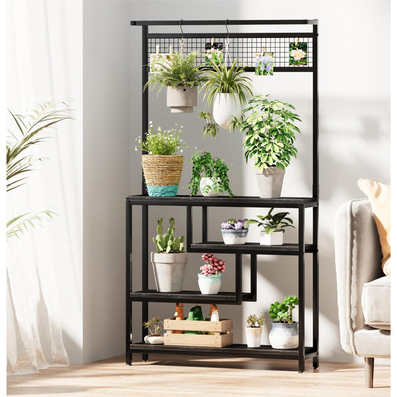 Multi-layer ironwork flower stand, multi-layer staggered and grid hanging design, black., Black