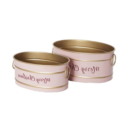 Limu Baskets Set Of 2, Gold Trim, Oval Pink Iron Merry Christmas