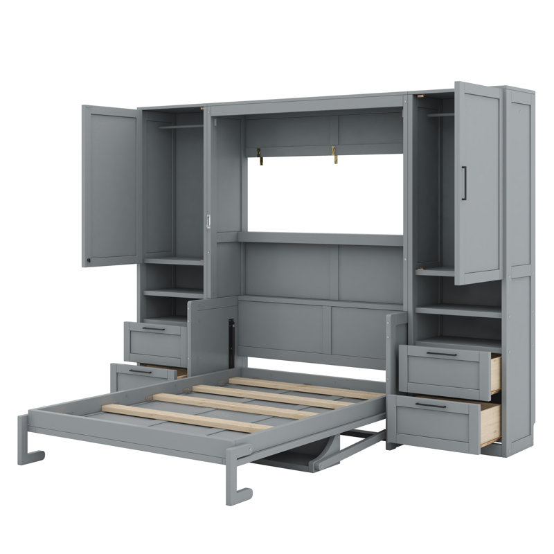 Lit escamotable avec placard intégré, tiroirs et tablettes, Gris
