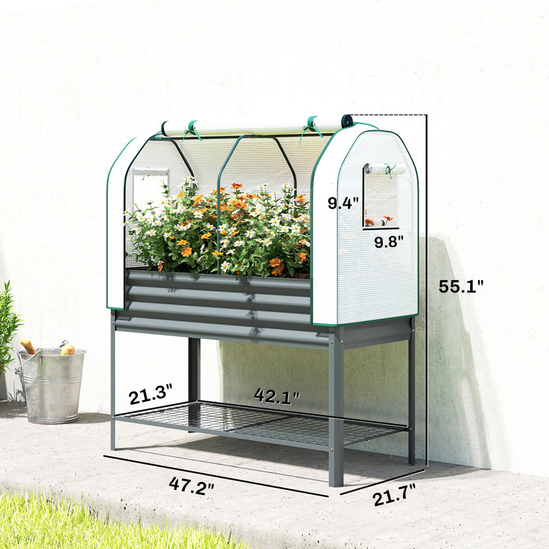 Galvanised Raised Garden Bed With Greenhouse Cover, Metal Elevated Garden Bed With Bed Liner, Bottom Shelf, Dark Gray
