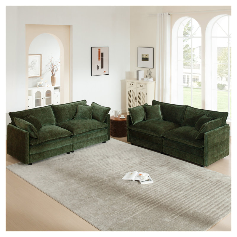 Ensemble de canapé modulaire en chenille vert 2 pièces, causeuse 2 places et canapé, Vert