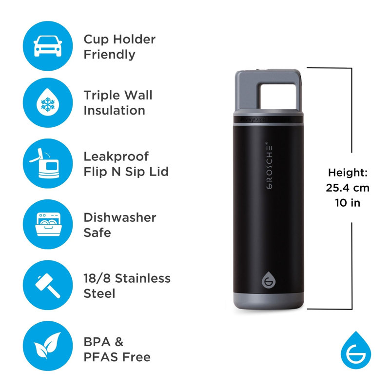 Bouteille d'eau en acier inoxydable à triple paroi Grosche (18/8), 20 oz, Noir