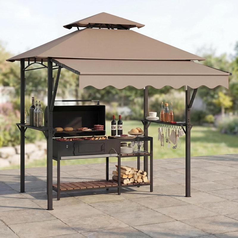 8x5 ft Grill Gazebo with Extra Large 7x3 ft Awning, 2-Tier BBQ Gazebo with Shelves, Hooks & LED Lights, Metal Frame Outdoor Grill Canopy for Backyard Garden Poolside