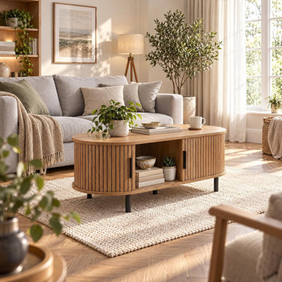 Oval Fluted Coffee Table, 120cm Sliding Door Centre Table, Modern Storage Coffee Table for Living Room