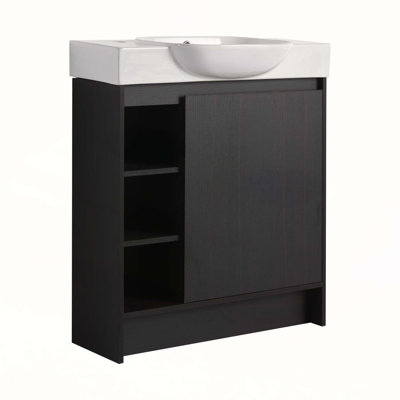 Meuble-lavabo autoportant de 30 pouces avec lavabo en céramique blanche et porte à fermeture en douceur, finition chêne foncé, conception écologique et durable