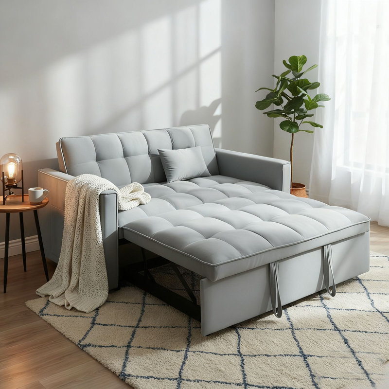 Canapé-lit convertible moderne avec rangement, canapé capitonné avec lit escamotable et poche latérale, Light Grey