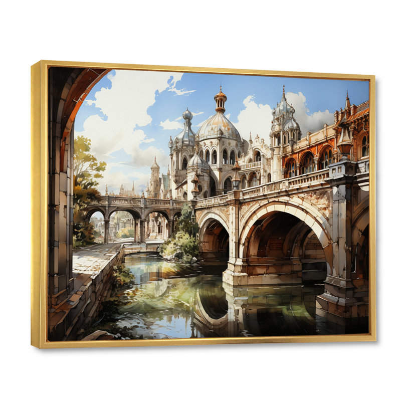 «Beige Bridge Architectural Marvel», reproduction sur toile, H 24 po x l 32 po x P 1 po, Cadre flottant doré