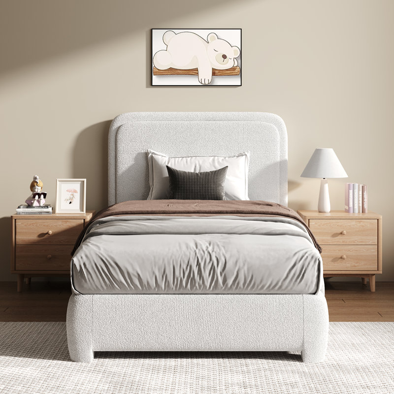 Lit plateforme tapissier Bensu Boucle, Lit simple, Blanc