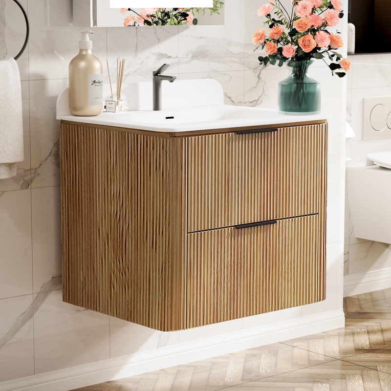 Meuble-lavabo mural 24 po au fini chêne avec armoire en bois massif et comptoir une pièce en acrylique, Chêne, Noir, 24"