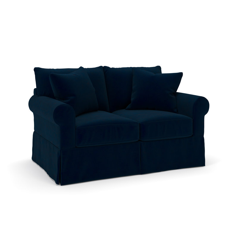 Amari 63" Rolled Arm Slipcovered Loveseat, Bella Ink Blue Performance Velvet