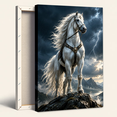 White Horse On Rocky Mountain Peak With Lightning Storm Canvas Wall Art