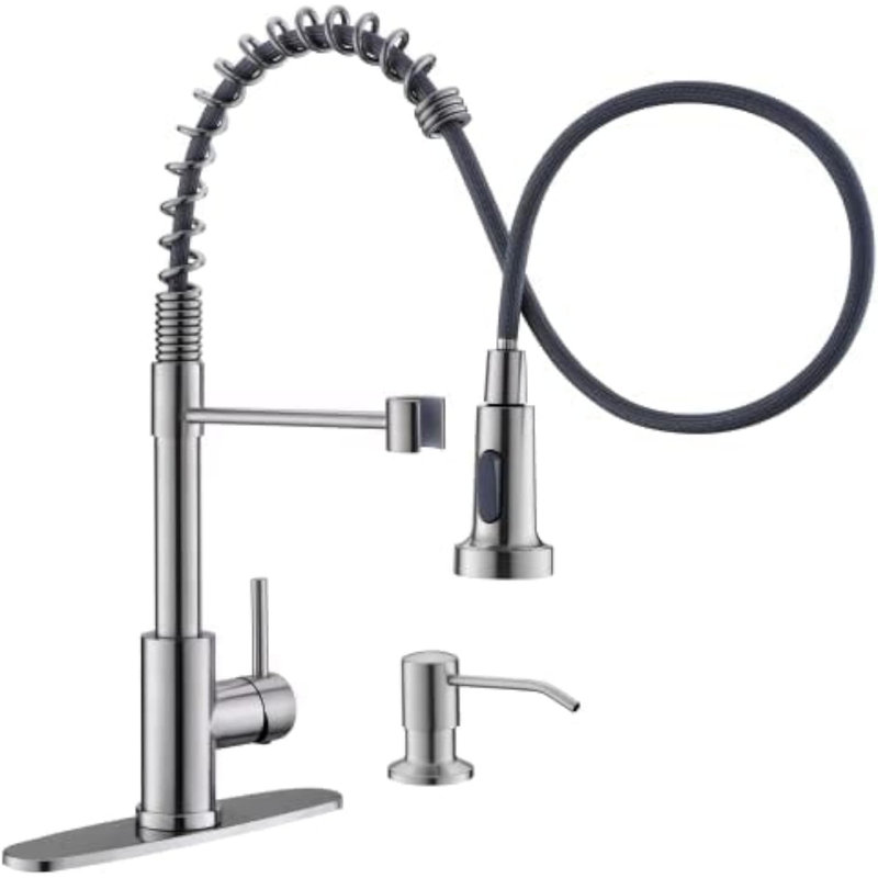 Kitchen Faucet with Soap Dispenser, Commercial Single Handle Spring Pull Out Kitchen Sink Faucets with Pull Down Sprayer