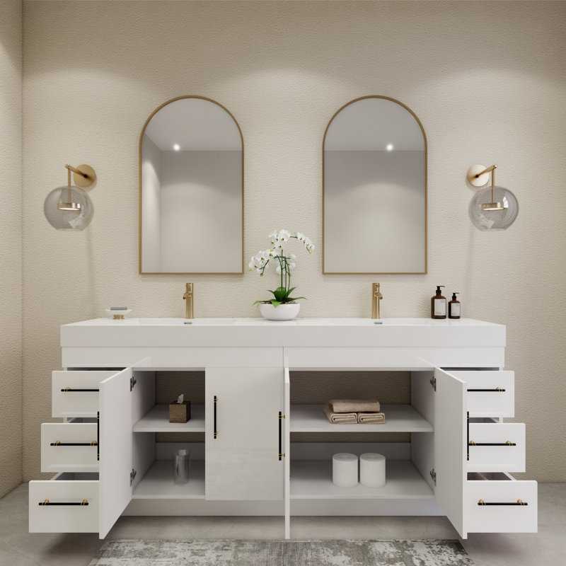 Ensemble de meuble-lavabo double 84 po avec tiroirs et portes 84 po, Blanc brillant