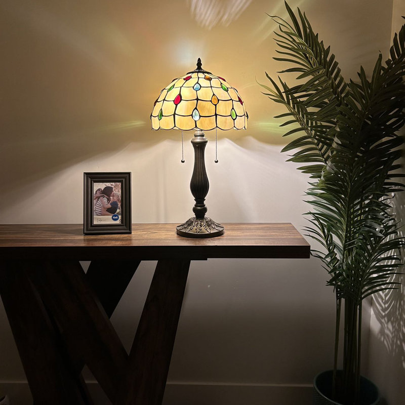 Lampe de table de style Bernfried Tiffany avec haricots de cristal en verre coloré or et ampoules DEL incluses H22 po