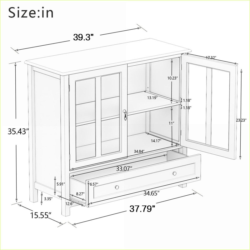 Buffet Sideboard with Double Glass Doors, Adjustable Shelf &amp; Bell Handles | E1 MDF | UV Paint Finish