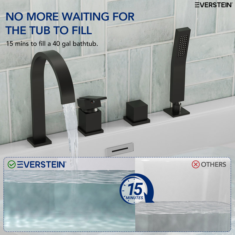 Deck Mounted Roman Tub Filler With Diverter & Hand Shower, Matte Black