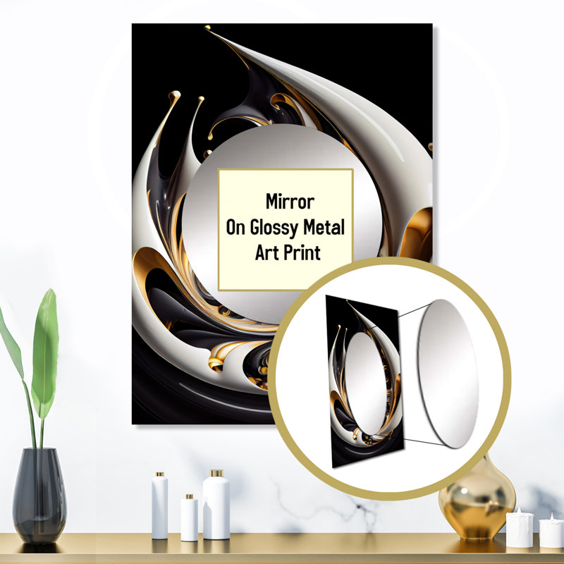 Treyvion Gold Black And White Stained Glass II - Abstract Spirals Mirror, Gold Decorative Wall Mirror, Printed Metal Art