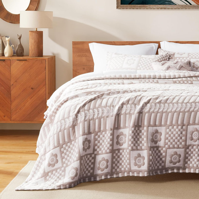 Ensemble de courtepointe en jacquard Tencel Lyocell, Café brun floral, Courtepointe très grand + 2 taies décoratives