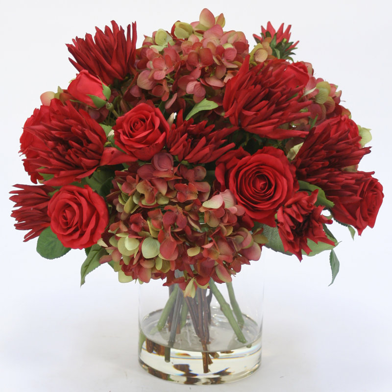 Waterlook Hydrangea Red Rose And Dahlia