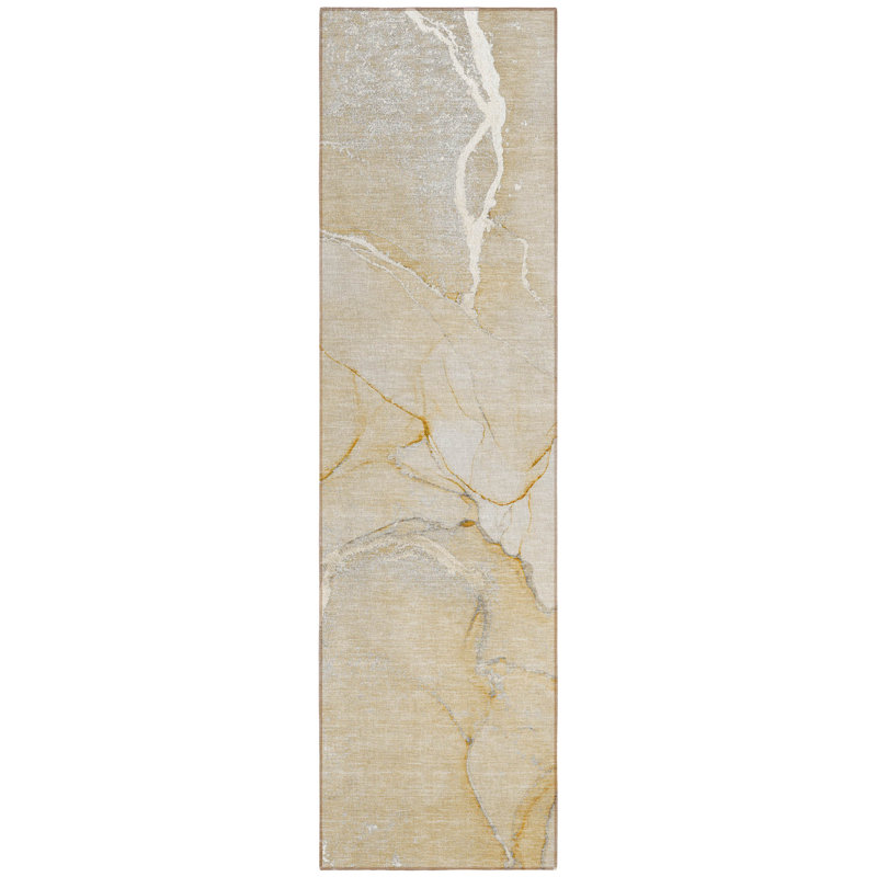 2' X 8' Beige Abstract Washable Indoor Outdoor Runner Rug