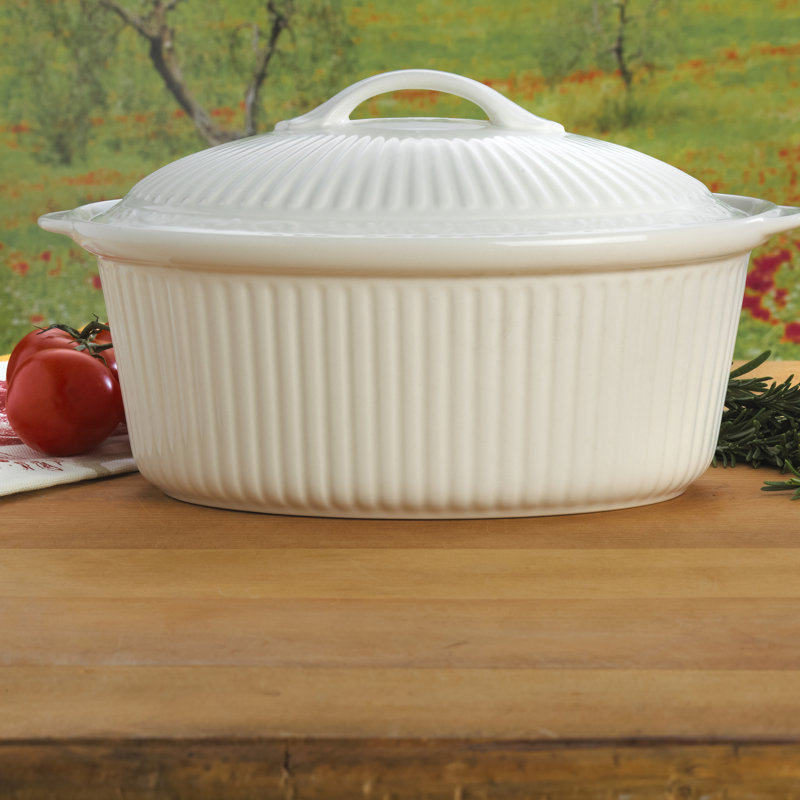 Italian Countryside White Stoneware Oval Casserole Dish with Lid