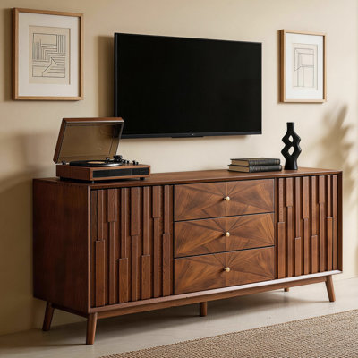 Meuble télé Mid-Century avec 3 tiroirs et 2 armoires de rangement - Crédence buffet noyer pour le salon, la cuisine ou le vestibule