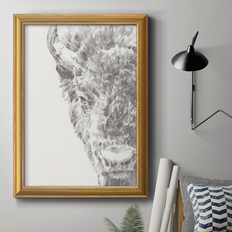 Graphite Bison Portrait I, toile encadrée de qualité supérieure - prête à être accrochée, H 20 po x l 16 po x P 2,5 po