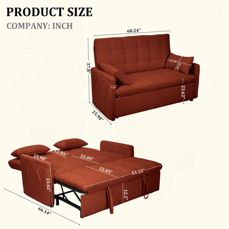 61-Inch Large-Size Living Room/Bedroom Fabric Sofa Bed Combination, Reinforced Iron Frame, Storage Pockets On Both Sides, Adjustable Backrest.