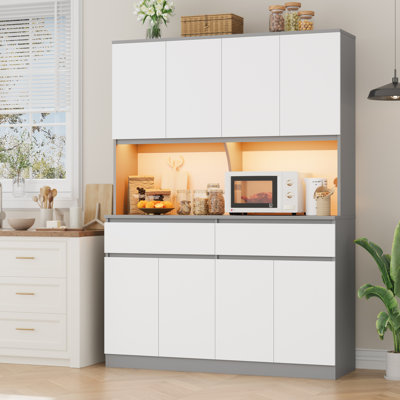 75" Large Wood Kitchen Pantry With Microwave Shelf And Led LightsÂ