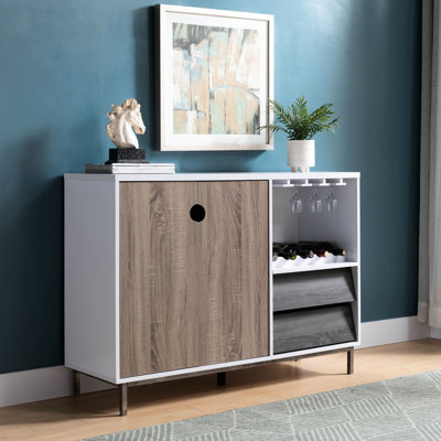 Blanc et taupe foncé, unité de rangement en bois gris vieilli avec tiroir et porte-verres, pouvant contenir 6 verres