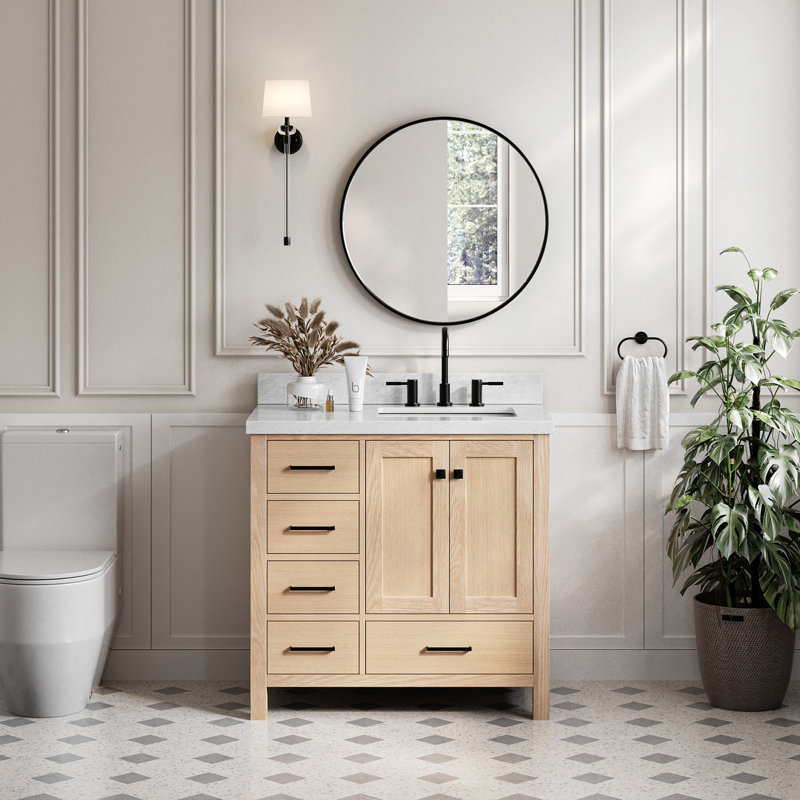 Cambridge 37'' W Single Vanity, Matte Black, Oak, Carrara Marble