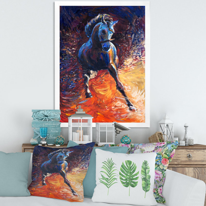 Portrait d'un galopant bleu - Peinture sur toile, Cadre blanc, H 32 po x l 24 po x P 1 po