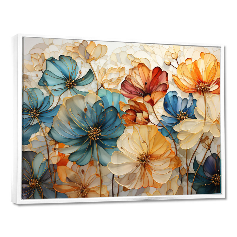 «Teal Orange Petal Mosaics II - Abstract Botanicals», art mural sur toile, H 12 po x l 20 po, Blanc