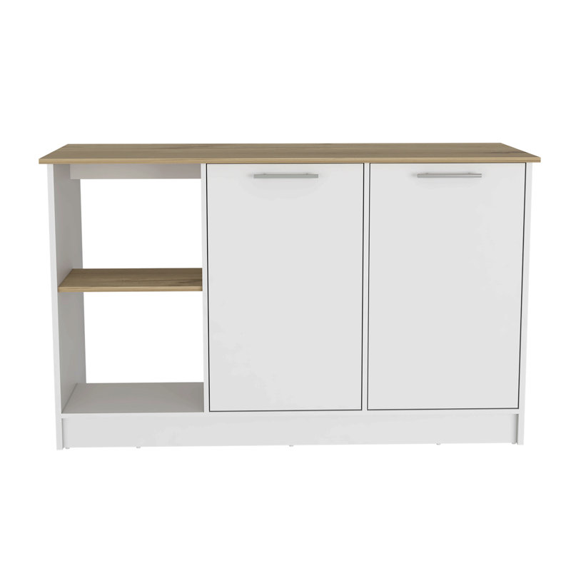 Kitchen Island With Large Countertop, Open Storage Shelves And Double Door Cabinet, White / Light Oak, White