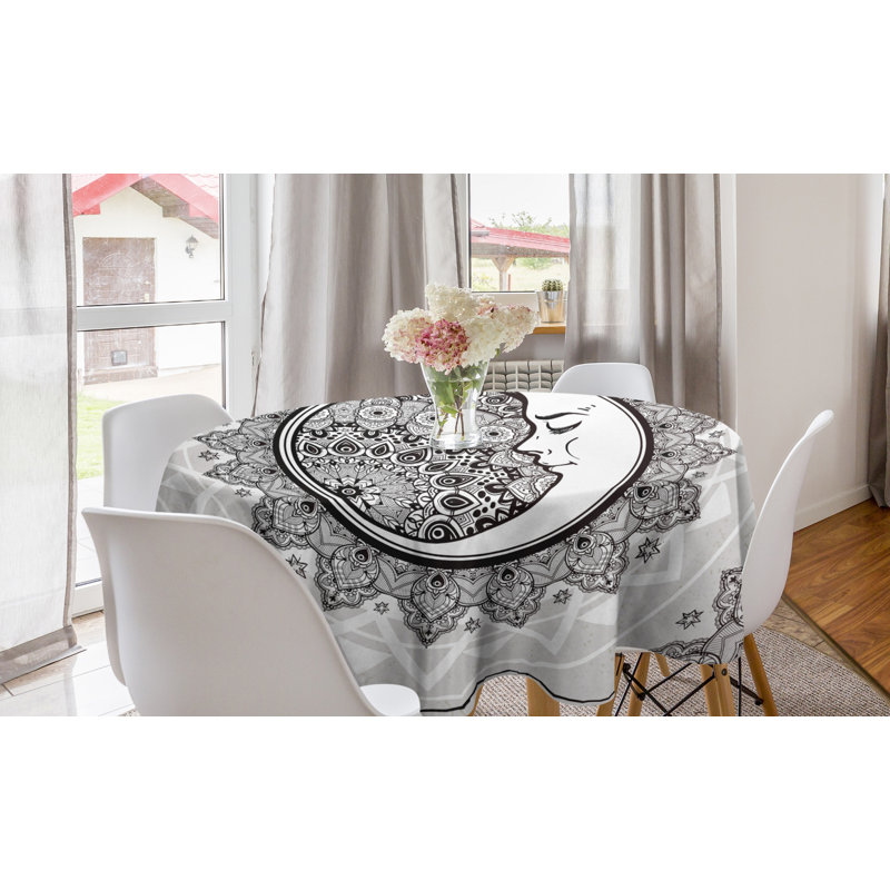 Ambesonne Mystic Round Tablecloth, Ornate Crescent Moon With Stars And Mandala Eastern Graphic, Circle Table Cloth Cover For Dining Room Kitchen Decoration, 60", White Beige And Black