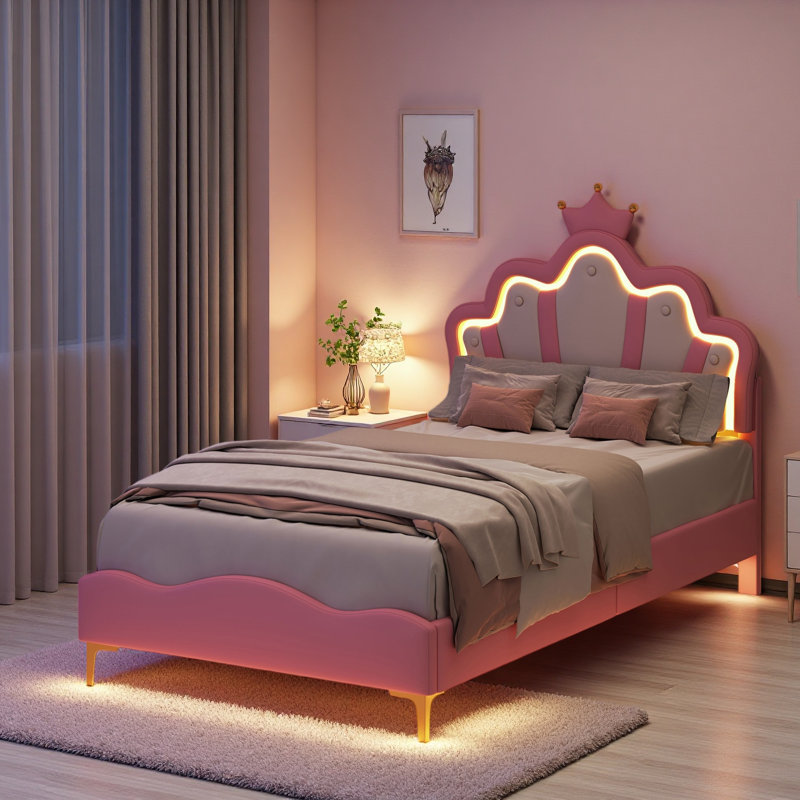 3' Single Upholstered Princess Bed with LED Light, Pink