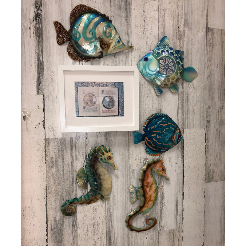 Hand-Painted Tan and Blue Capiz Seahorse Wall Sculpture