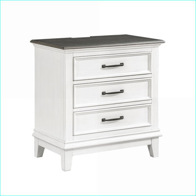 Classic Farmhouse 3-Drawer Nightstand with USB & Outlets – Antique White/Dark Brown
