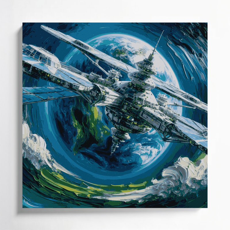 Art mural sur toile bleu, "Sci Fi Space station orbiting Earth", H 12 po x l 12 po